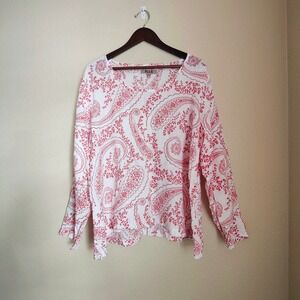 FLAX 100% Linen Red Paisley Floral Long Sleeve Top Boho Lagenlook Large Granola